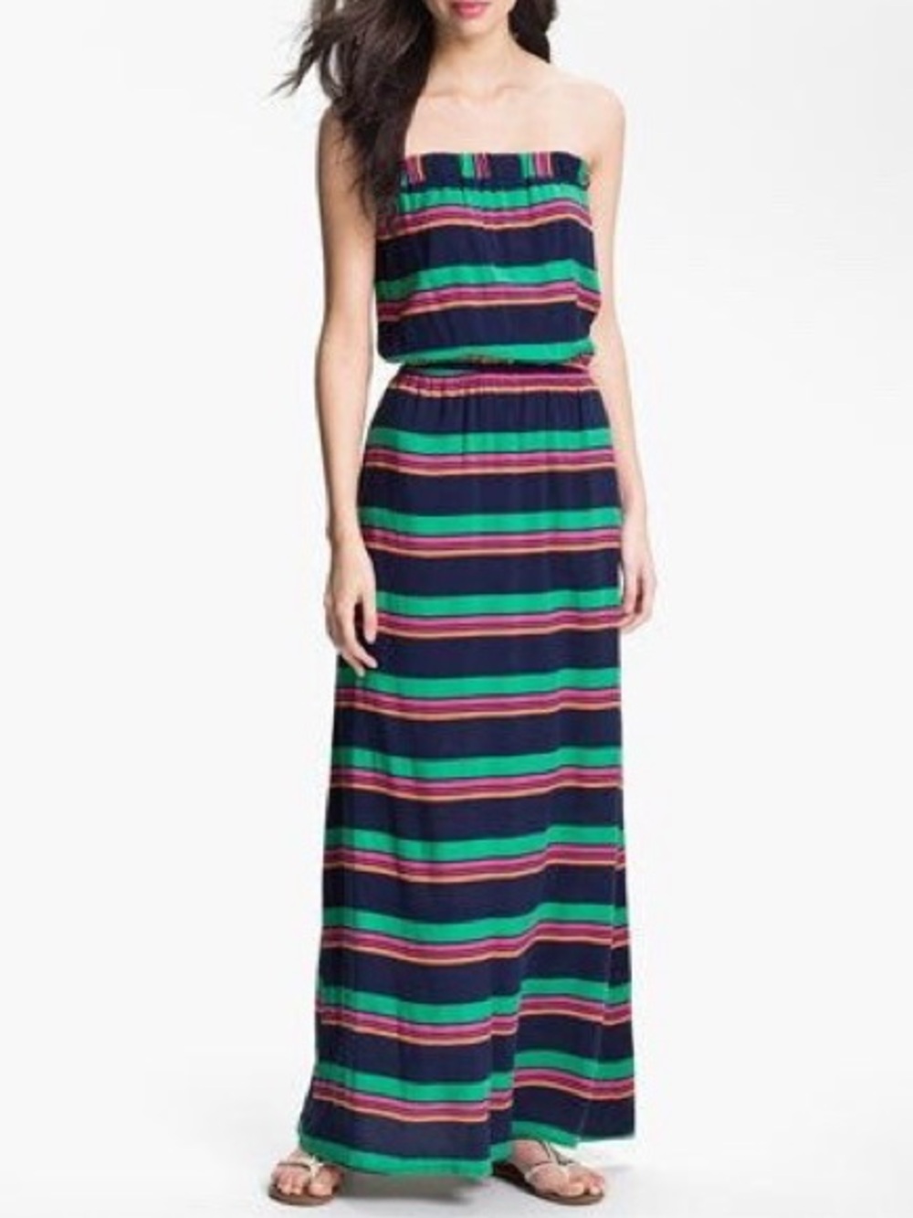 Splendid Strapless Maxi Dress in Navy, Green and Pink Stripes